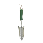 Gardening trowel with a green handle on a white background