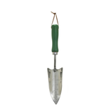 Gardening trowel with a green handle on a white background