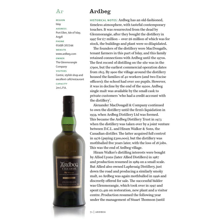 Ardbeg whisky bottle with text on a white background