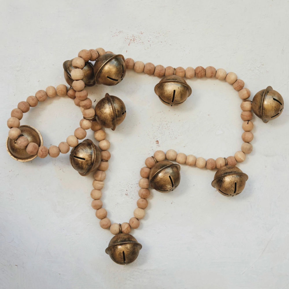 Wood Bead & Metal Bell Garland, Natural & Antique Gold Finish