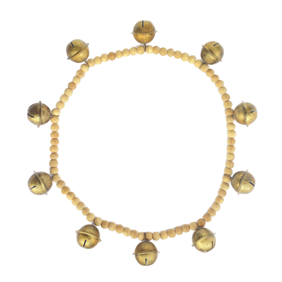 Wood Bead & Metal Bell Garland, Natural & Antique Gold Finish