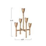 Gold candelabra with dimensions on a white background