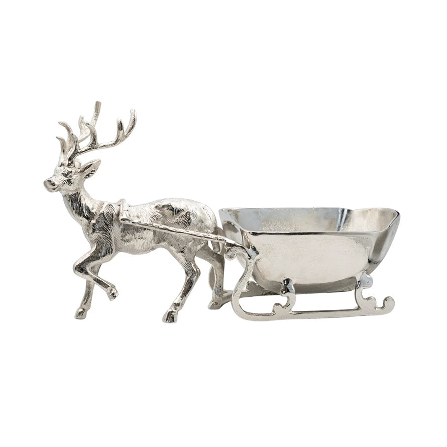 Cast Aluminum Reindeer with Sleigh Bowl, Nickel Finish, white background