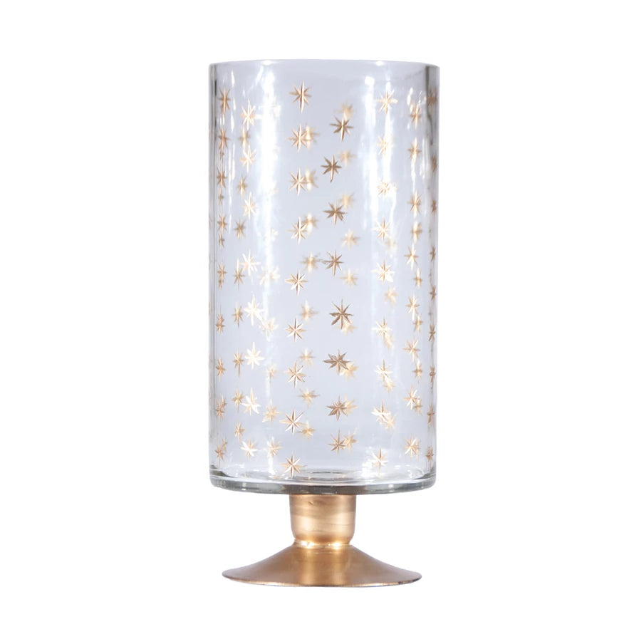 Hand-Painted Etched Glass Footed Hurricane w/ Starburst Pattern, Gold Finish