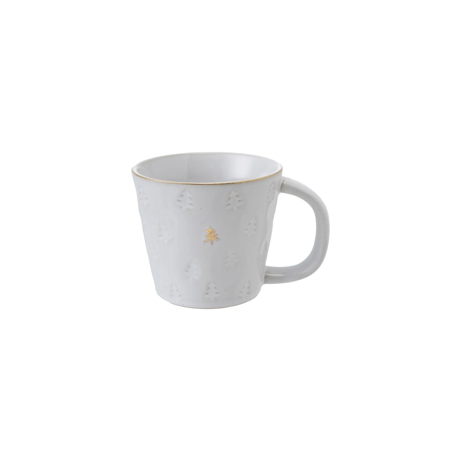 White ceramic mug with gold rim and handle on a white background