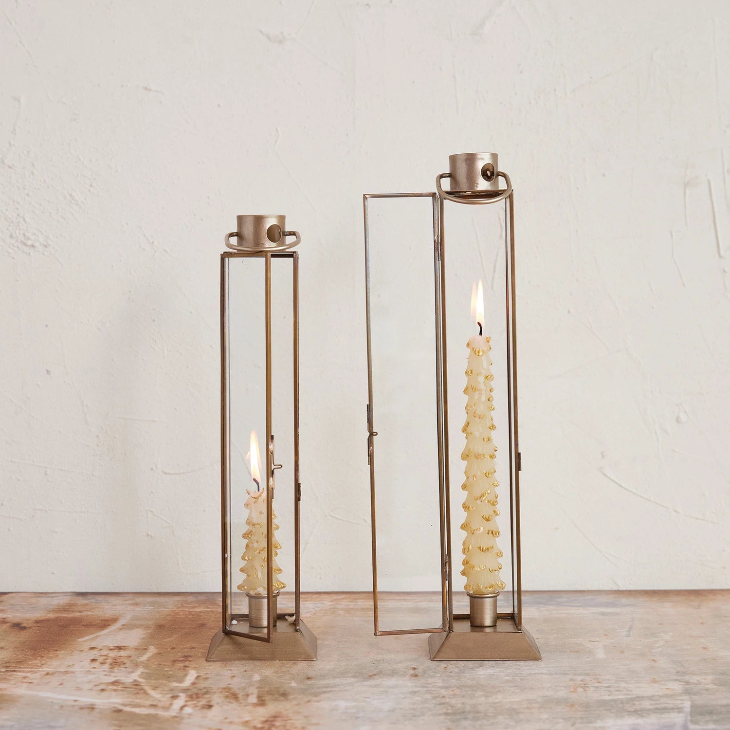 Metal & Glass Lantern Taper Holder, Gold Finish