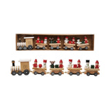 Wooden toy train set with Christmas-themed figures in a box on a white background