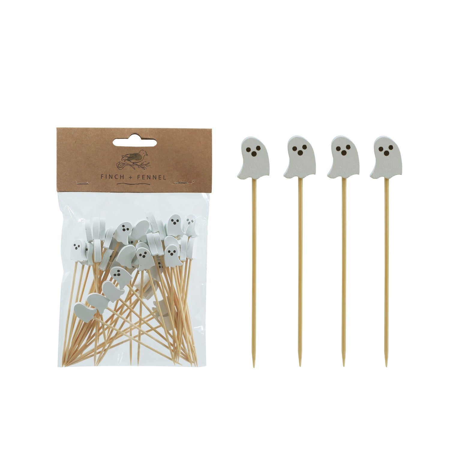 Packaged ghost-themed toothpicks with a clear plastic window on a white background.