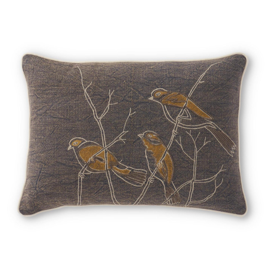 A 20-inch gray lumbar pillow with three embroidered birds on it, perched on branches against a textured background.