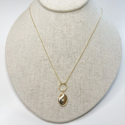 Necklace, Adele - Danshire Market and Design , dainty chain necklace with a circle drop and an oval pendant, 15" Chain w/ 2.5" Extender 