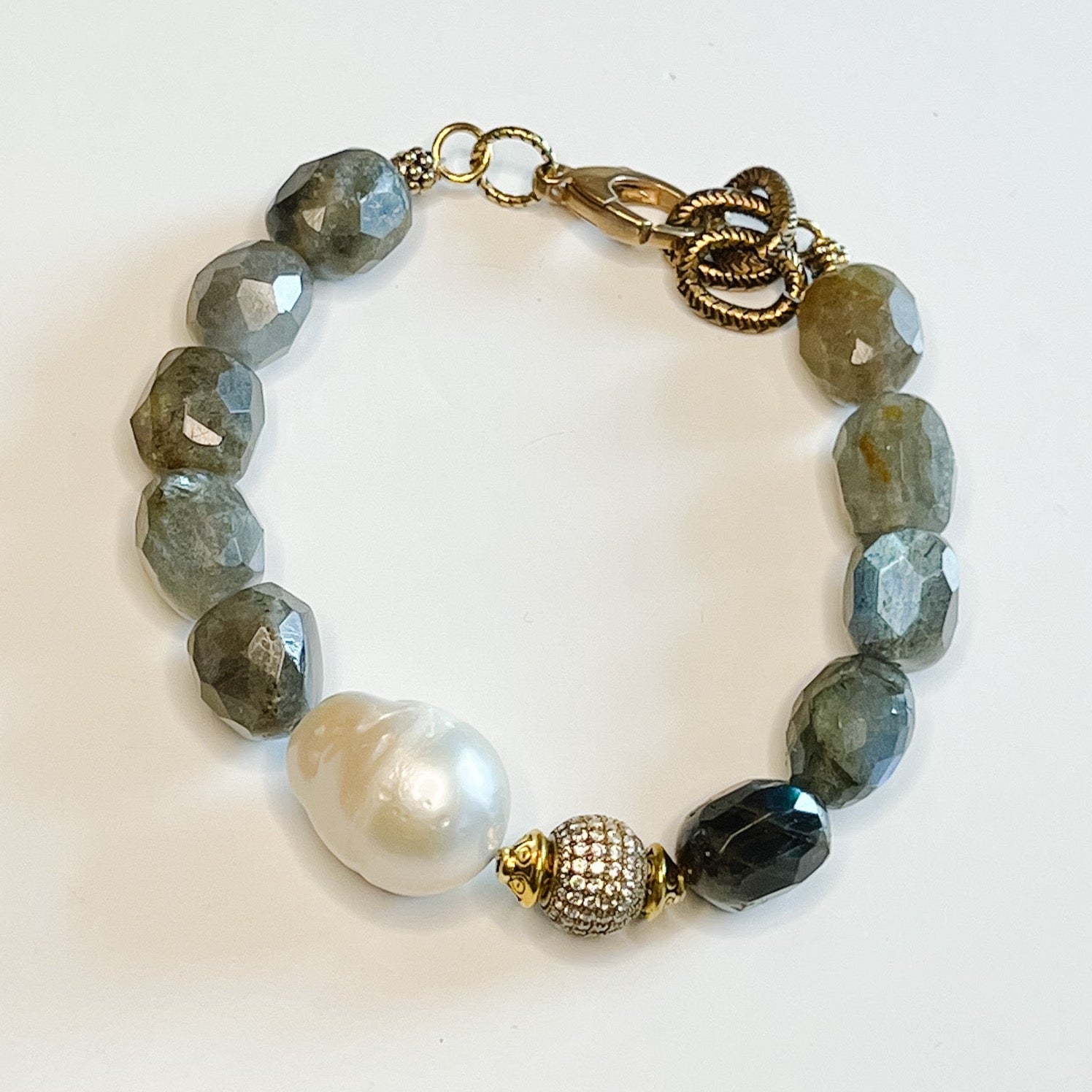 Bracelet, Ida - Danshire Market and Design, beaded bracelet, gold accents, gray beads, pearl stone and an embellished ball