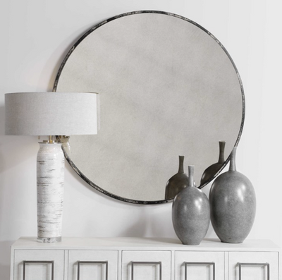 Mirror, Junius - Danshire Market and Design , Industrial style round mirror features a petite metal frame finished in rustic black with aged distressing, surrounding an antique style mirror.  Dimensions:43 W X 43 H X 1 D (in)