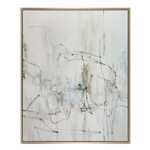 Abstract hand-painted artwork with soft white, grey, and beige tones featuring fluid black linework and subtle blue and gold accents, framed in Laguna Silver, 42x52 inches.