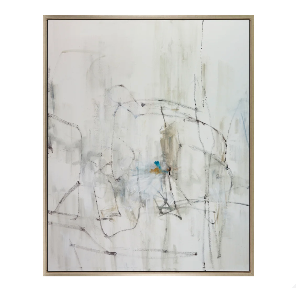 Abstract hand-painted artwork with soft white, grey, and beige tones featuring fluid black linework and subtle blue and gold accents, framed in Laguna Silver, 42x52 inches.