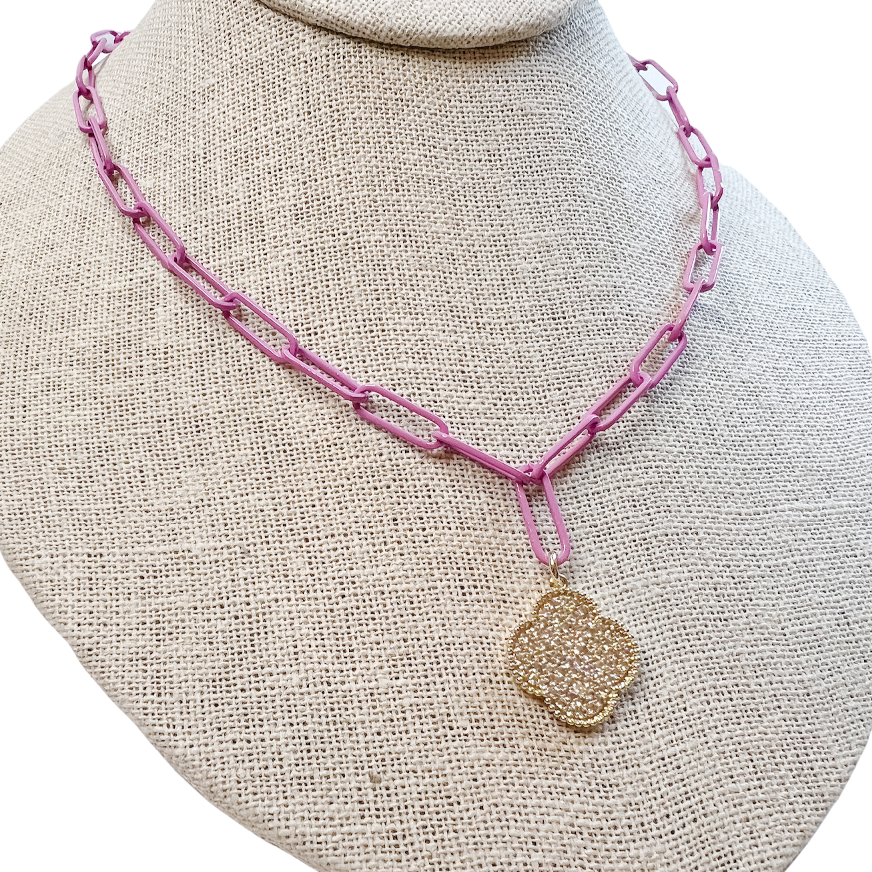 pink paperclip chain with clover pendant