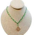 green paperclip chain necklace with clover pendant, 17 " 