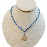 blue paperclip chain necklace with clover pendant , 17"