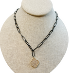 black paperclip chain necklace with clover pendant, 17" chain