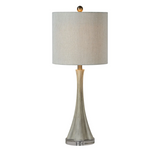 Lamp, Callie - Danshire Market and Design , smooth and wood-look design. Featuring a layered cream & grey finish, this lamp is paired with a clear crystal base & white drum shade. Dimensions: 31"H