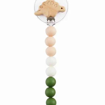 Wood pacy clip features silicone bauble strap with nylon loop cord, dinosaur