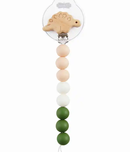 Wood pacy clip features silicone bauble strap with nylon loop cord, dinosaur