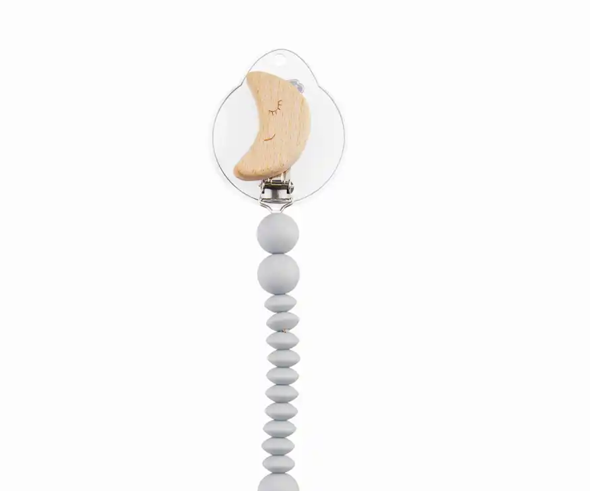 Wood pacy clip features silicone bauble strap with nylon loop cord, wooden moon