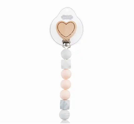 Wood pacy clip features silicone bauble strap with nylon loop cord. wood heart