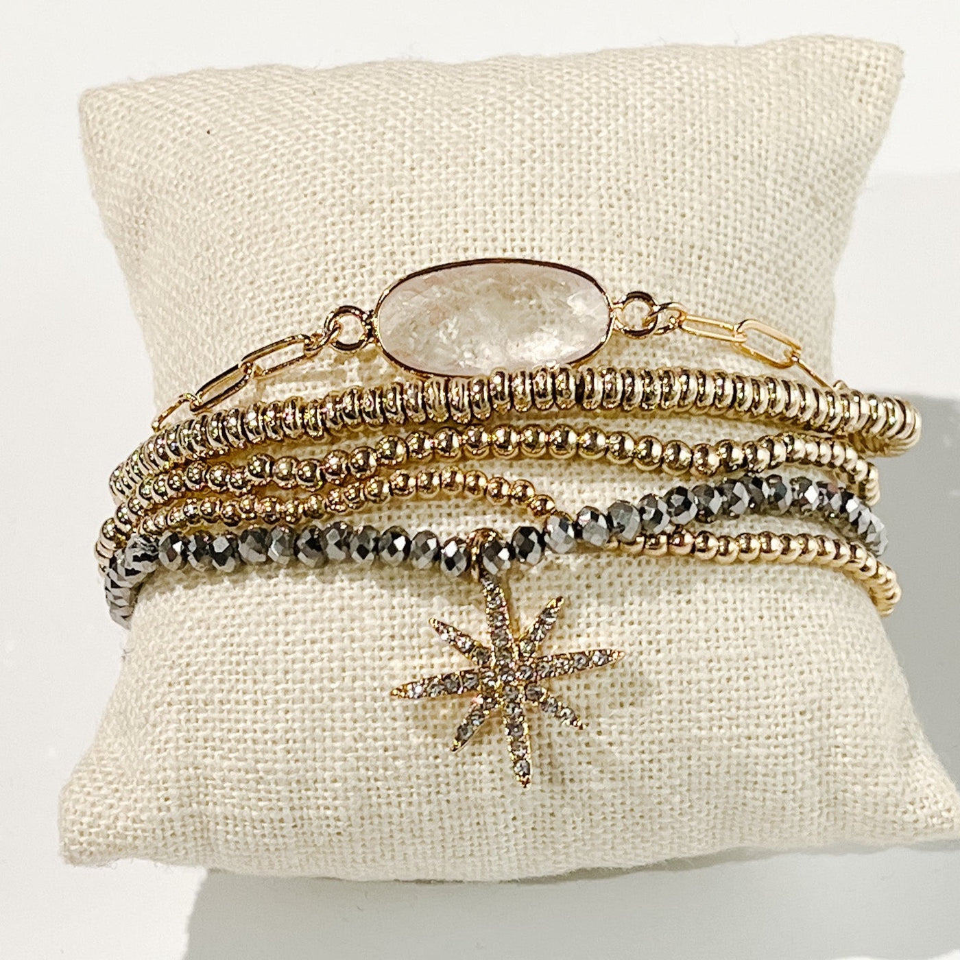 Bracelet, Callum - Danshire Market and Design , gold worn bracelet with clear pendant and starburst charm