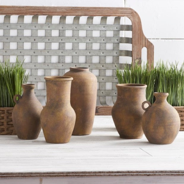 small terracotta ceramic jugs and vases, five styles