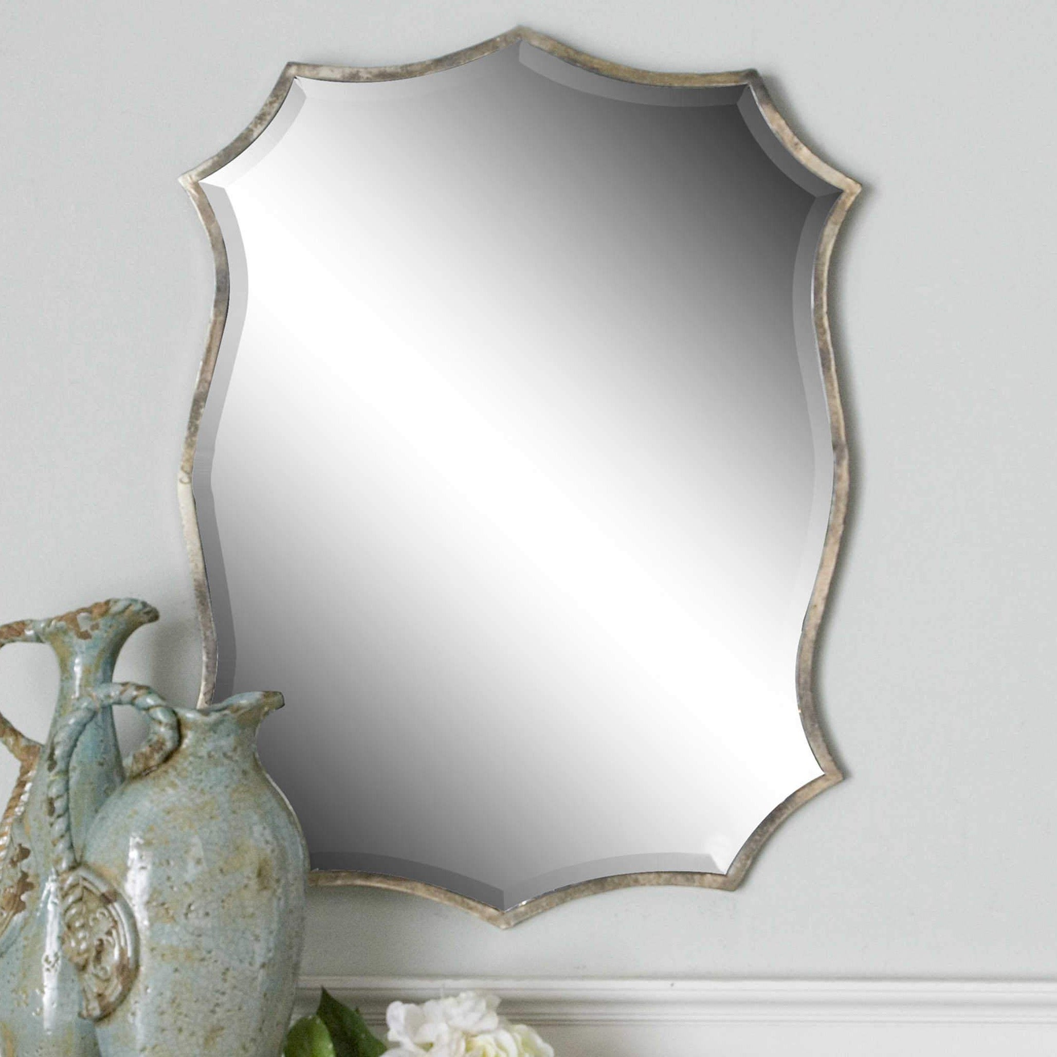 Mirror, Migiana - Danshire Market and Design , Hand forged metal frame featuring an oxidized, nickel plated finish. Mirror has a generous 1 1/4" bevel.  Dimensions: 23 W X 30 H X 1 D (in)