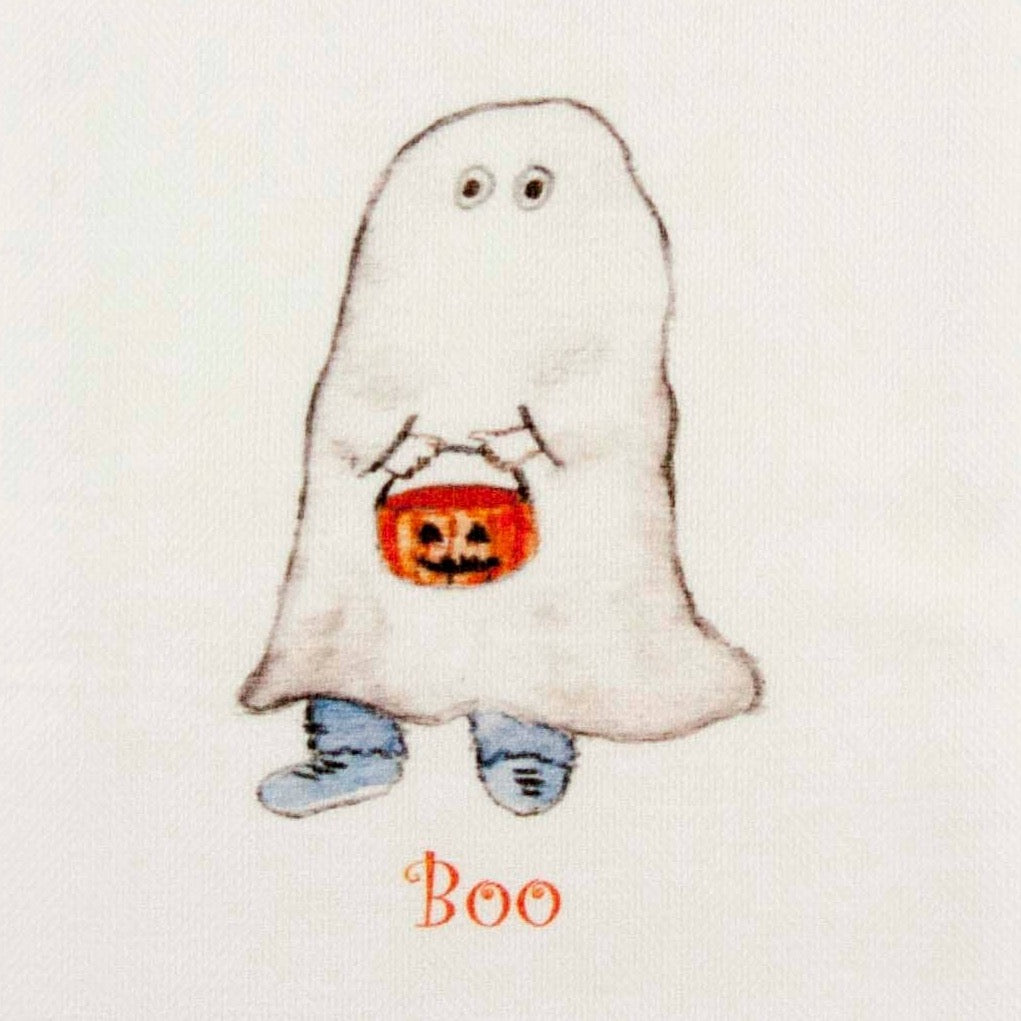 boo boy ghost holding candy bowl and "boo" written in orange