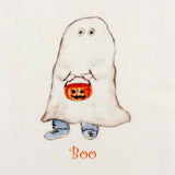 boo boy ghost holding candy bowl and "boo" written in orange