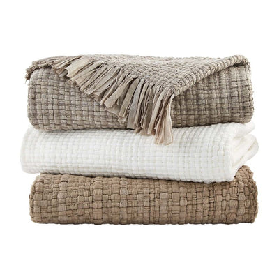 Lillie Fringe Blanket - Danshire Market and Design ,  chunky woven textured blanket with fringe trim. The Lillie Blanket is sold individually and is available in three colors, taupe , white , gray 