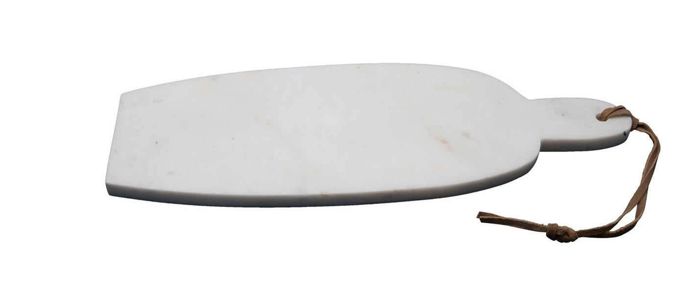 Mae Marble Cutting Board - Danshire Market and Design , a white marble cutting board with a leather strap, 14" x 5" x .5"