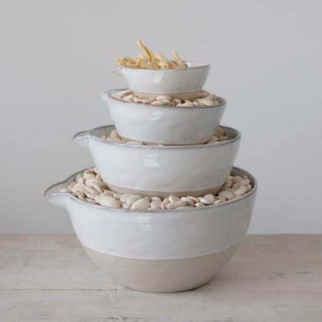 Mixing Bowls, Set of Four - Danshire Market and Design , The Mixing Bowl Set contains 1/2 Cup, 2 Cup, 4 Cup and 8 Cup Batter Bowls with Reactive White Glaze.