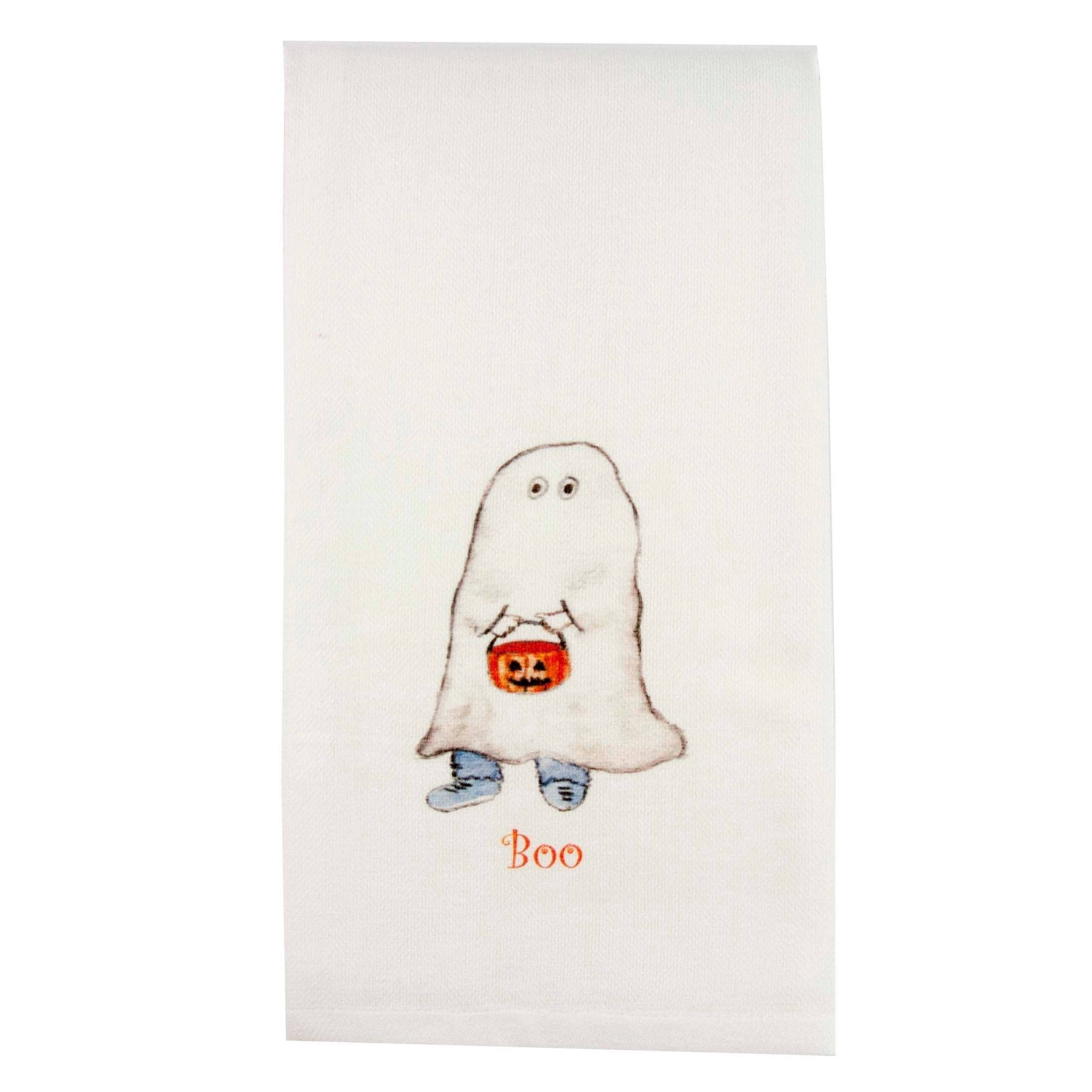 white handtowel with boy ghost with candy bowl and "boo" written in orange