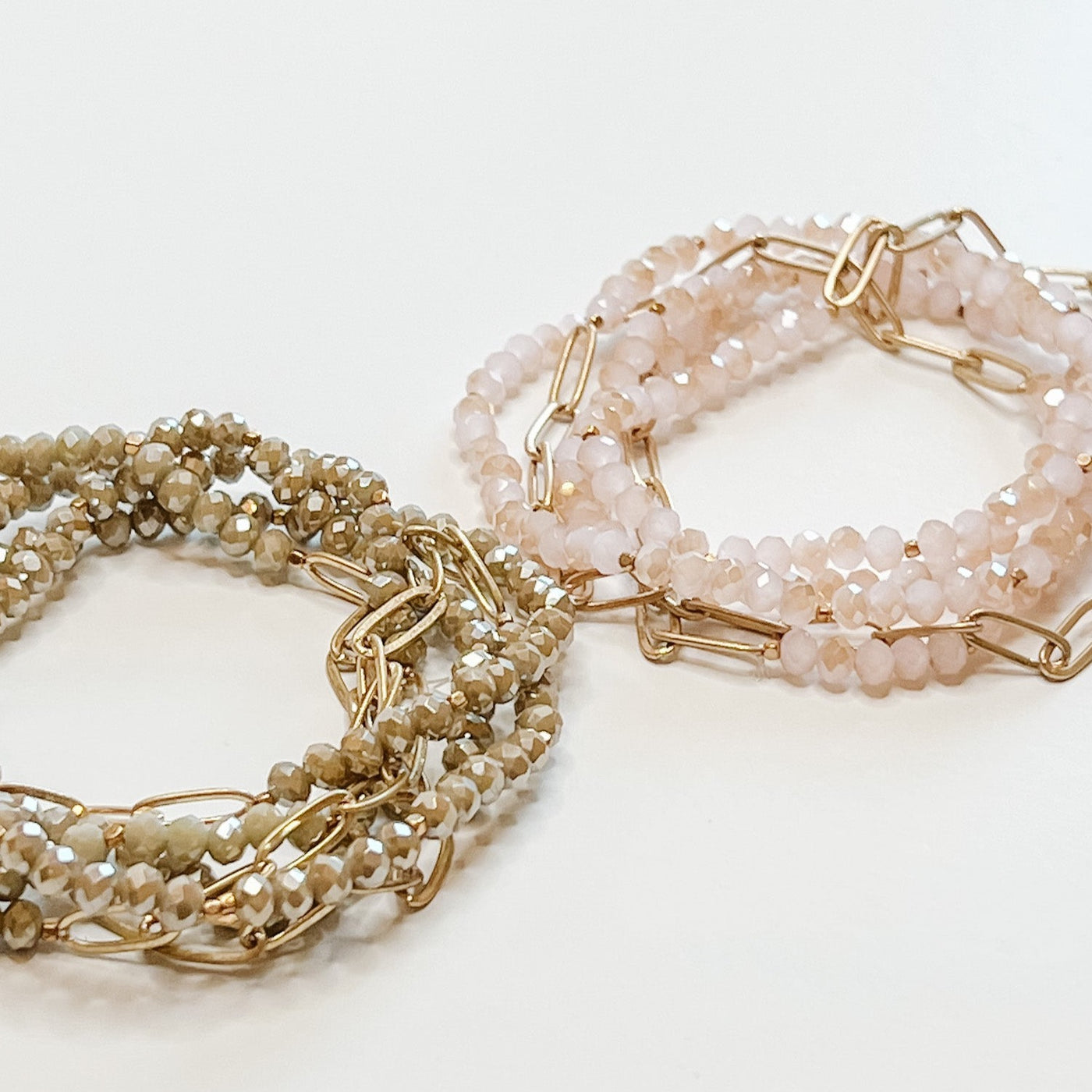 Bracelet, Cade - Danshire Market and Design , neural or pink beaded bracelet with gold chain link detail