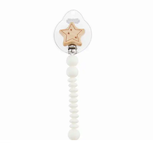 Wood pacy clip features silicone bauble strap with nylon loop cord, star